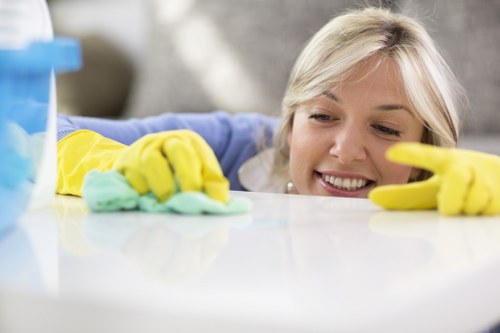Local upholstery cleaning service working on a fabric sofa