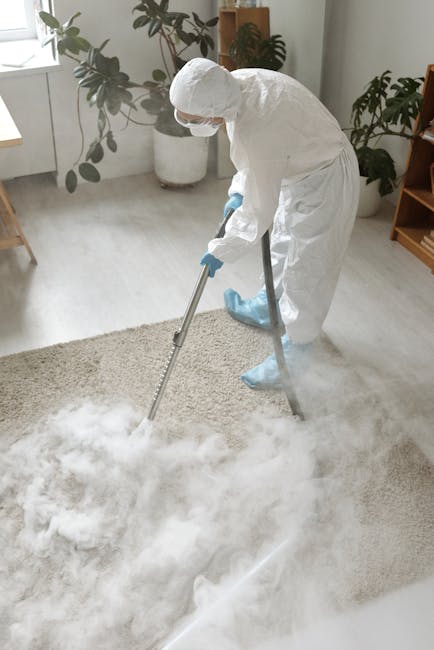 A professional cleaner dressed in full protective gear, including a white suit, gloves, face mask, and shoe covers, is engaged in deep cleaning a beige carpet in a well-lit, modern living room. The cleaner is using a steam or hot water extraction device to sanitize and remove dirt from the carpet's surface, which appears freshly steamed with visible clouds of steam or cleaning foam. The room features a light-colored wooden floor, a white wall with a window allowing natural light to fill the space, and decorative elements such as potted plants, a wooden shelf, and a minimalist aesthetic. This detailed scene illustrates surface cleaning and sanitization processes performed by Carpet Cleaning Lambeth to maintain hygiene and cleanliness in residential environments.