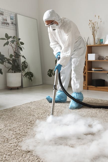 A professional in full protective gear, including a white hazmat suit, mask, gloves, and shoe covers, performing deep surface cleaning on a beige carpet in a well-lit, modern living room. The technician is using a steam cleaning machine with a long black hose attached to a metal cleaning head, which is emitting steam onto the carpet surface. The room features a wooden shelf with decorative items, a full-length mirror, and potted plants. The clean, dust-free environment highlights the sanitisation process carried out by Carpet Cleaning Lambeth, demonstrating an effective approach to hygiene and deep cleaning for residential properties near Lambeth Palace SE1.